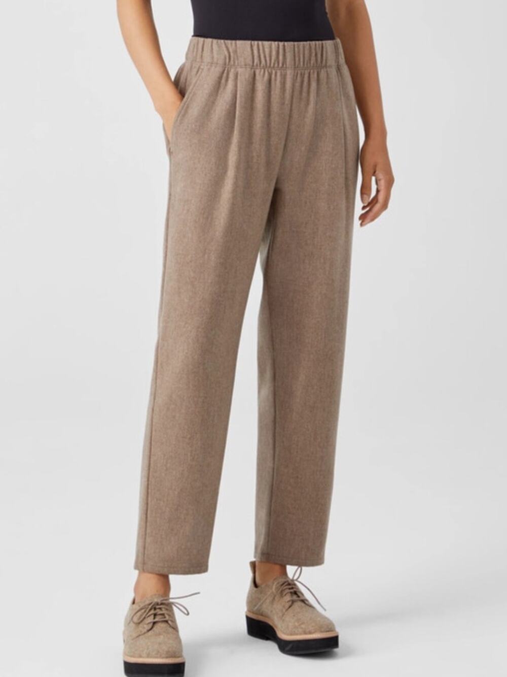 Eileen Fisher Soft Wool Flannel Pleated Tapered Pant brown sz L